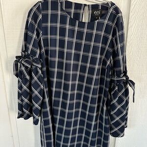 ECI Navy Plaid Dress with Coquette Style Tie Sleeves